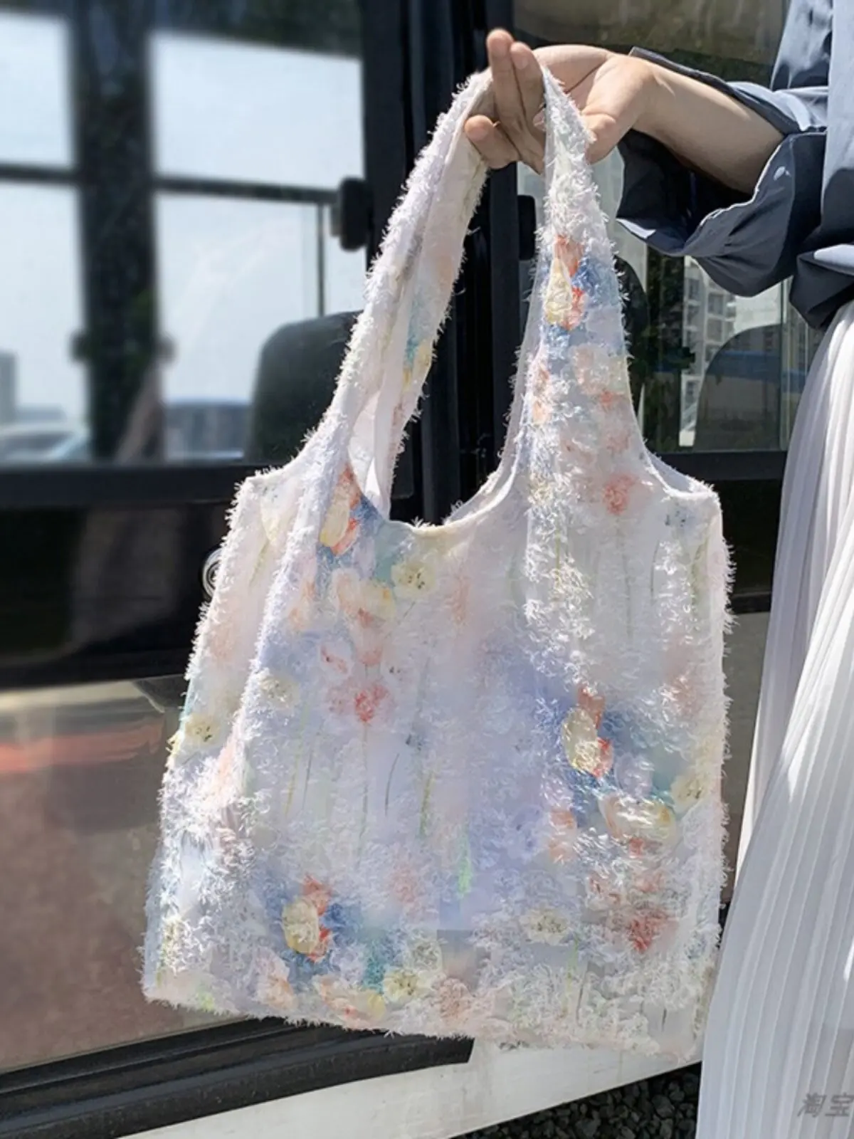 

Colorful Flower Printed Armpit Bag Artistic Style Women's Canvas Bag Korean Version Large Capacity Tote Bag New Shopping Bag