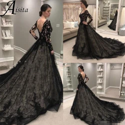 Gothic A Line Bride Dresses Black Lace Applique Wedding Dresses customized V-Neck Sweep Train Wedding Dress Vestidos De Novia