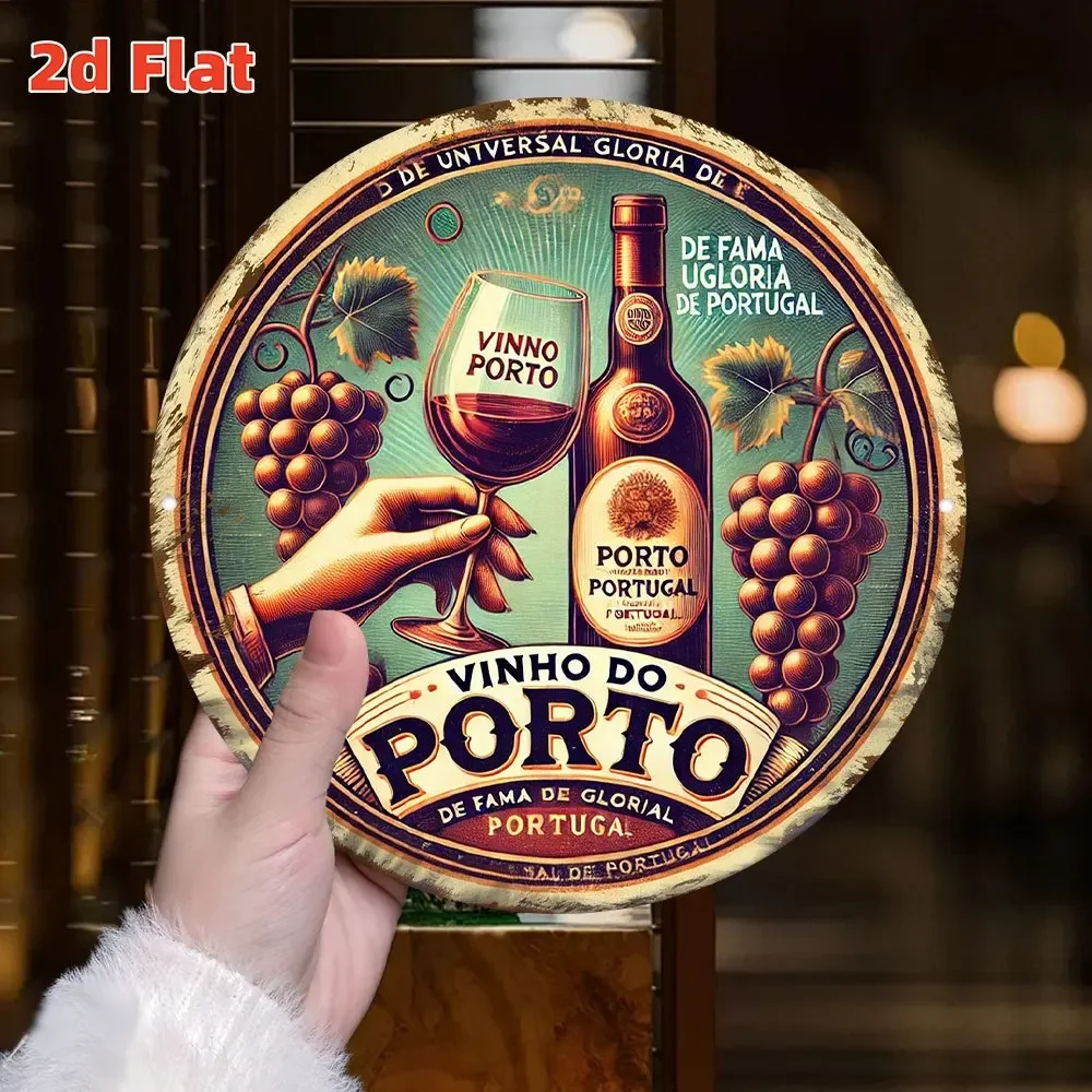 Letrero Redondo Metálico Vintage 2D de Vinho Do Porto - Decoración Retro de Pared de Metal con Diseño de Vino Portugués para el Hogar, Bar, Cocina, Bodega