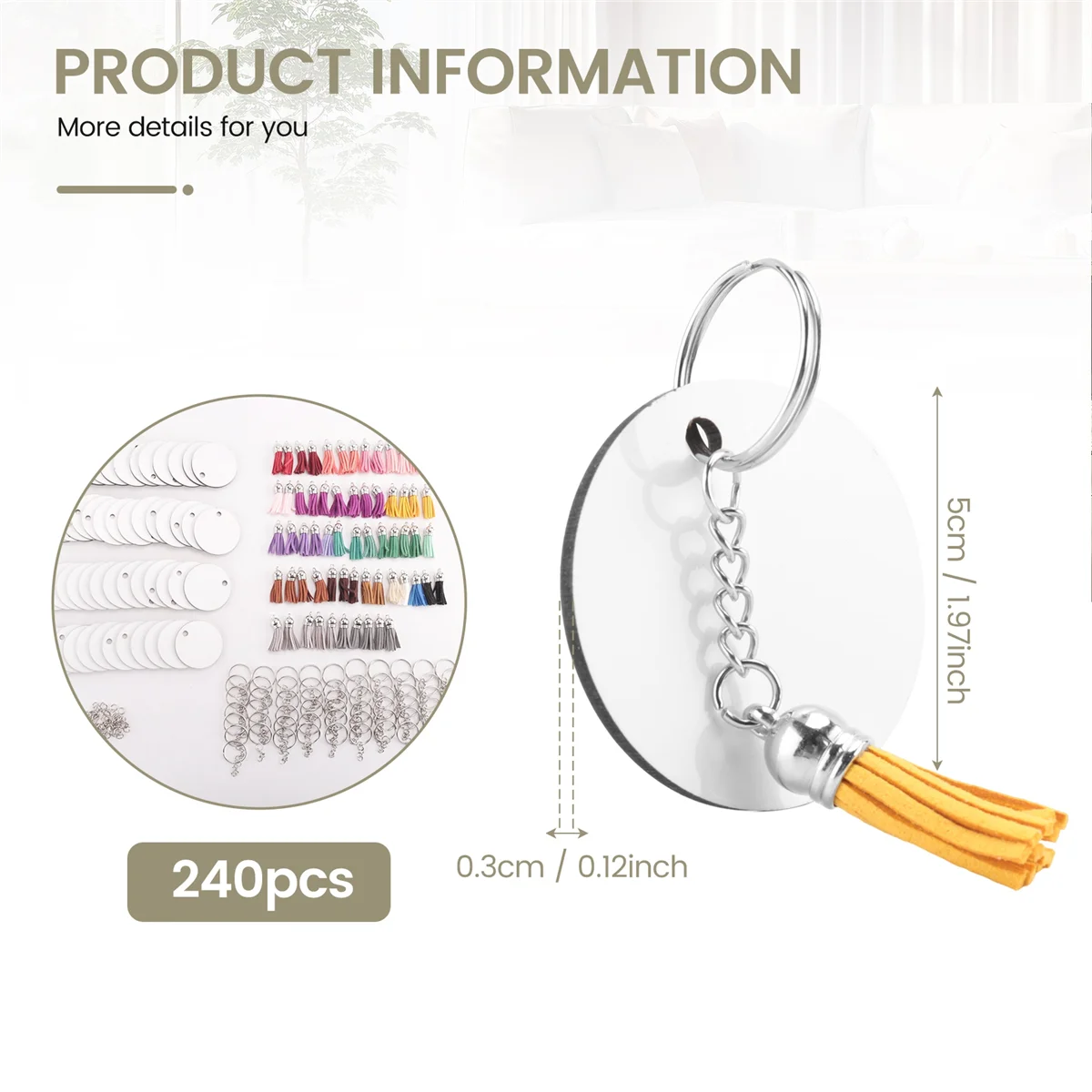 CHCH 240 Pieces Sublimation Blanks Keychain Set Round Key Rings Sublimation Ornament Blanks Heat Transfer Keychain Tassels