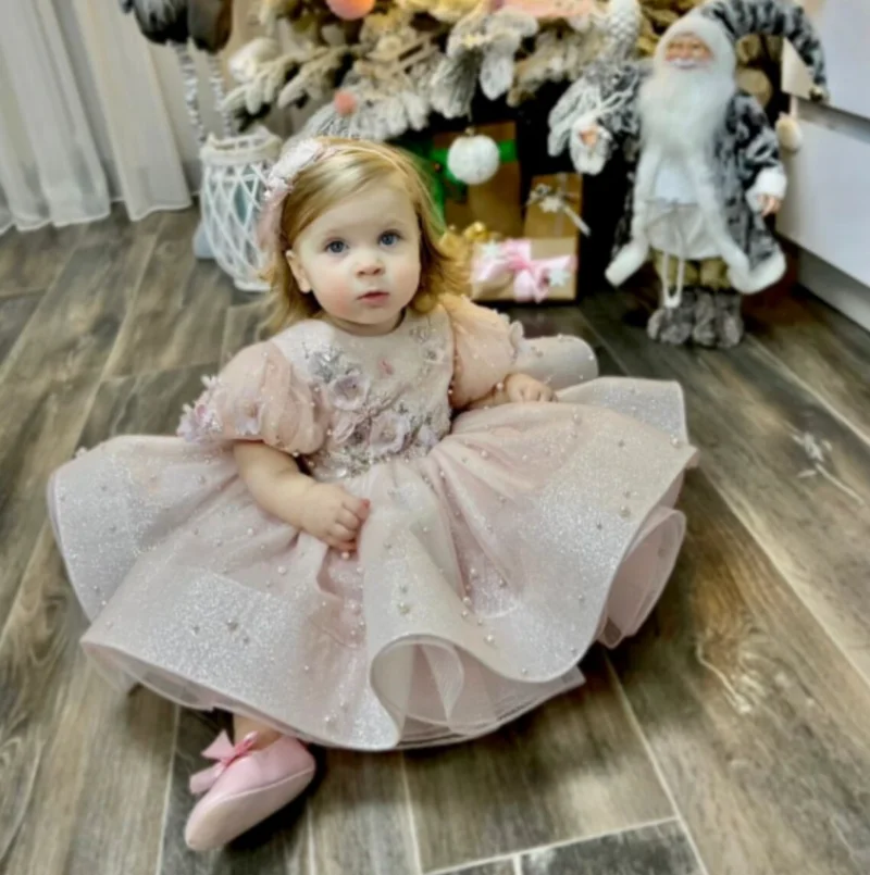 First Birthday Dress Sparkling Pearls Baby Girls Photoshoot Big Bow Toddler Original Tutu Outfit Flower Girl Dress