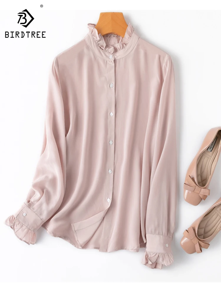 Birdtree 100% Silk Elegant Ear Collar Shirt Women Long Sleeve Straight Barrel New OL Style Solid Blouse 2023 Autumn New T30604QC