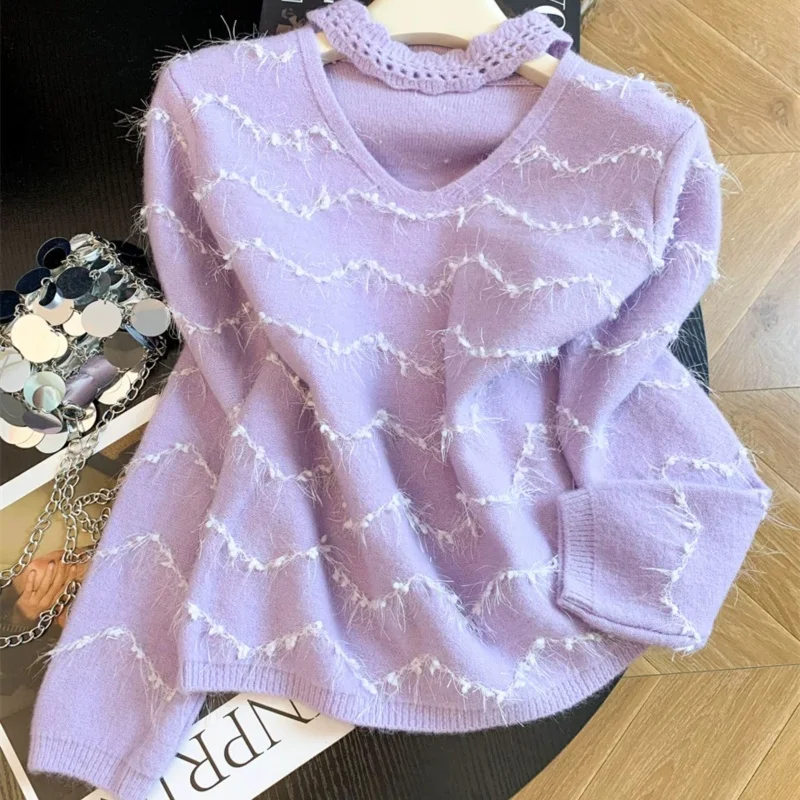 Autumn New Women Hollow-Out V-Neck Design Long Sleeve Knitted Pullover Sweater Blue Purple White Ladies Soft Slim Short Knitwear