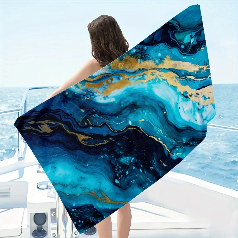 

1pc Luxurious Dark Blue Marble Print Beach Towel - Ultra-Lightweight, Breathable, Quick-Drying, Super Absorbent, and Comfortable