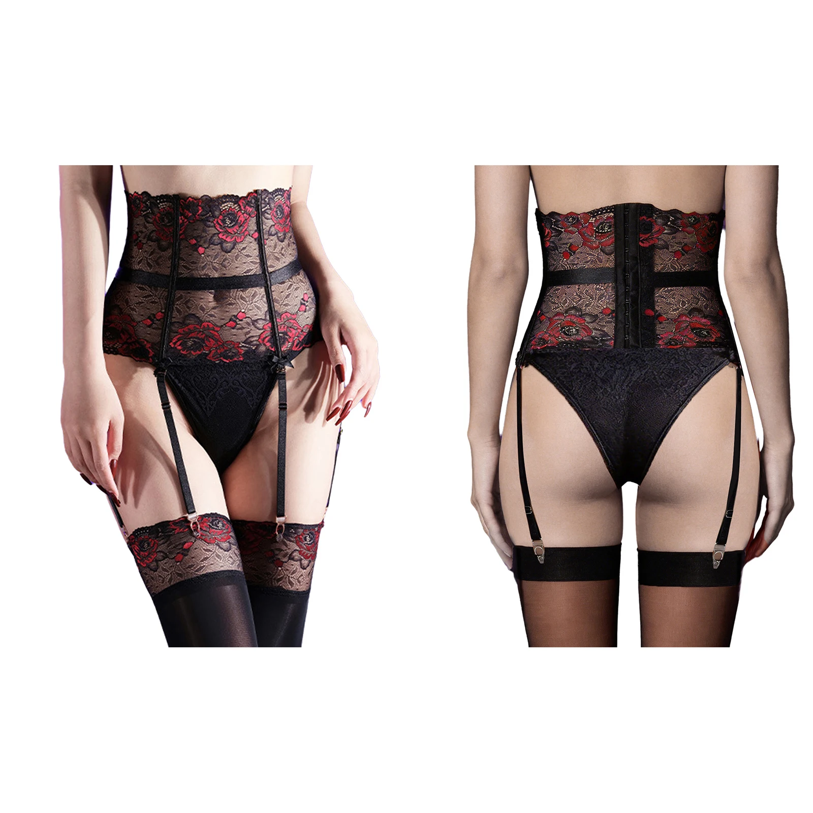 Women Lace Fishbone Corset 3 Rows Hook Eye Closure with 4 Garters Sexy Adjustable Breathable for Lingerie Night