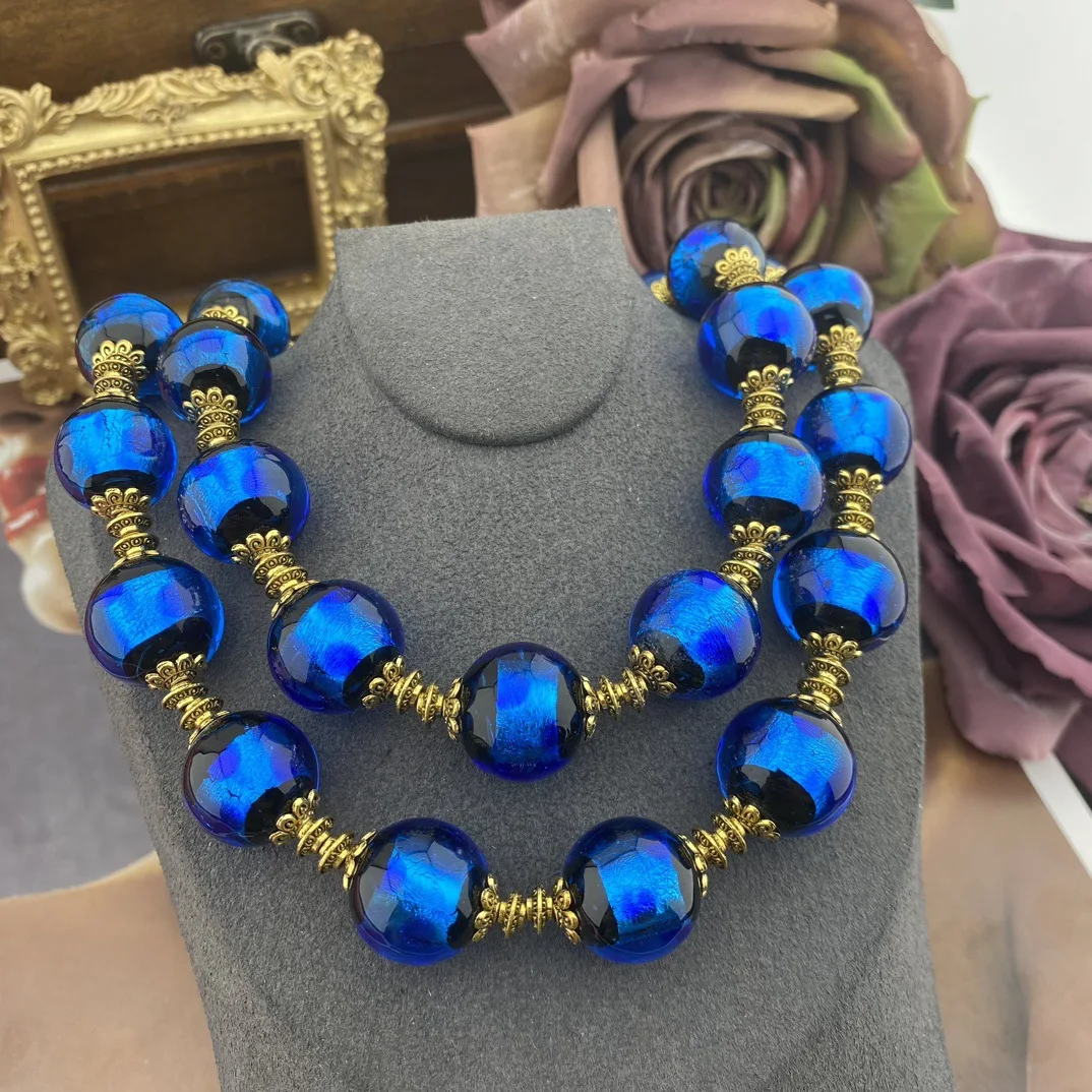 Middle Vintage Blue Demon Gold Plated glass Can Double Layer Wear Can Wear A Single Fashion Long Necklace Jewelry For Women