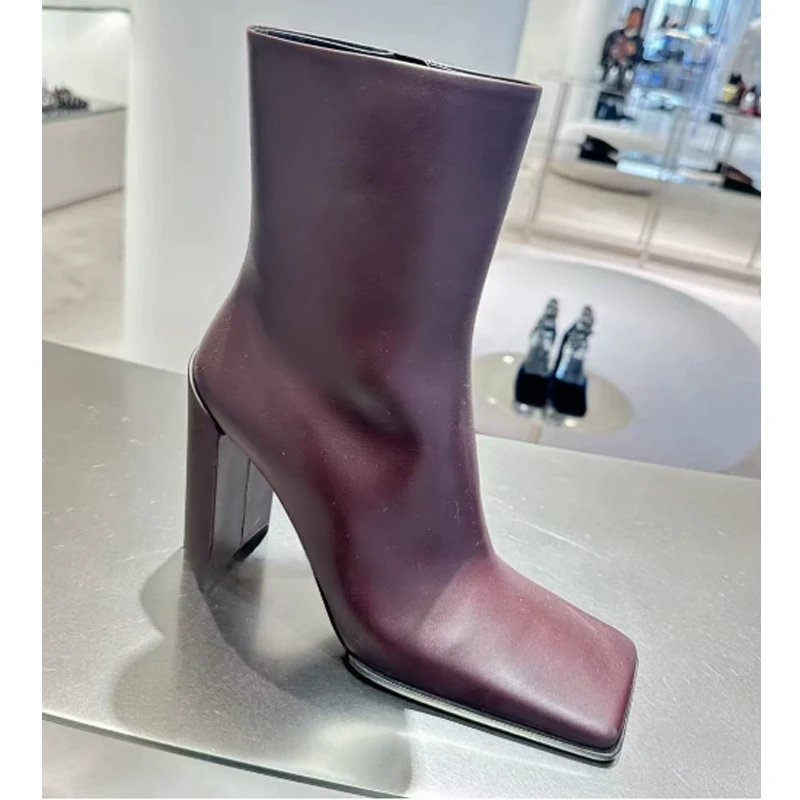 

Black Square Toe Side Zipper Block Heel Ankle Boots Woman Winter 2026 Wine Red High Heel Slim Boots Chunky Heels Fashion Boots