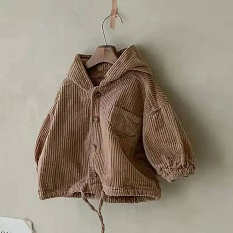 2024 Korean Children Clothing Baby Spring and Autumn Cardigan Simple and Stylish Hooded Denim Corduroy Casual Jacket