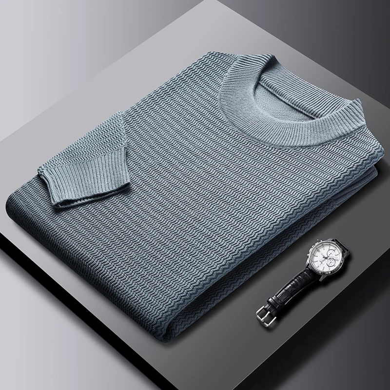 

High end brand stripe knitted men's sweater fashion wavy grain luxury comfort autumn and winter warm casual round neck pullover