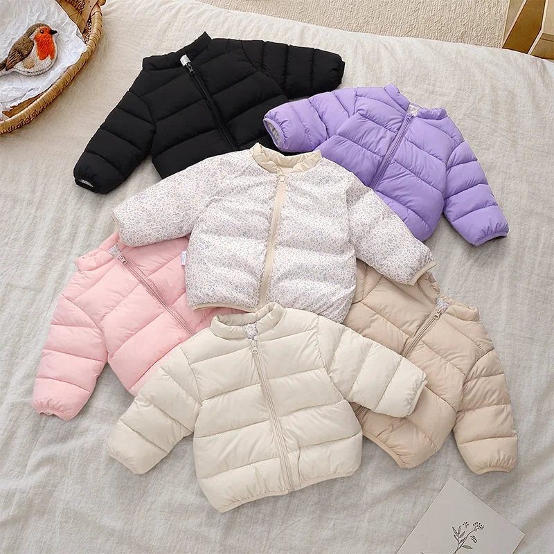 Children Reversible Down Coats Kids Back Cute Print Versatile Outdoor Warm Outerwear Boys Girls Daily Comfortable Zipper Jacket