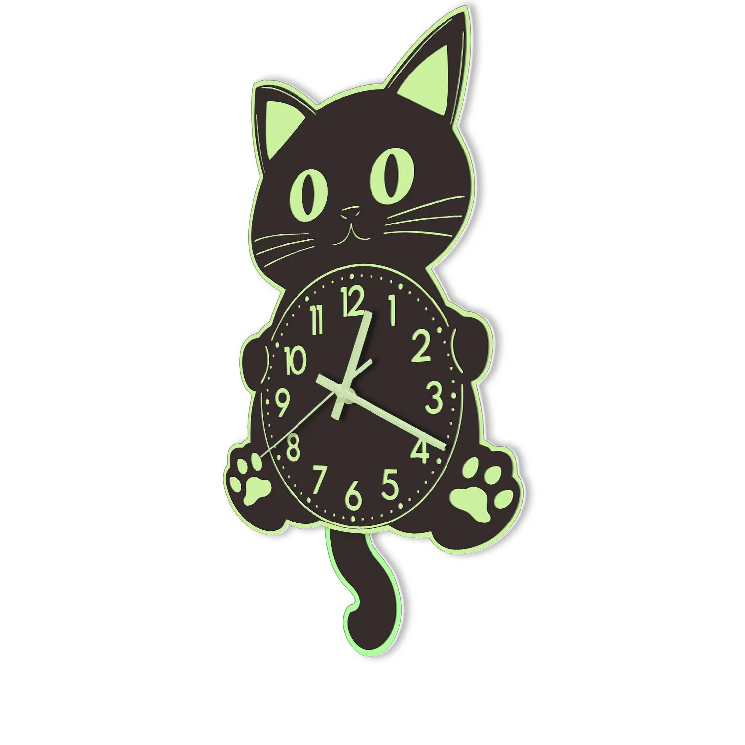 Glow in Dark Cat Wall Clock With Wagging Tail Pendulum Pet Shop Kitten Home Decor Silent Non Ticking Quartz Luminous Wall Clock