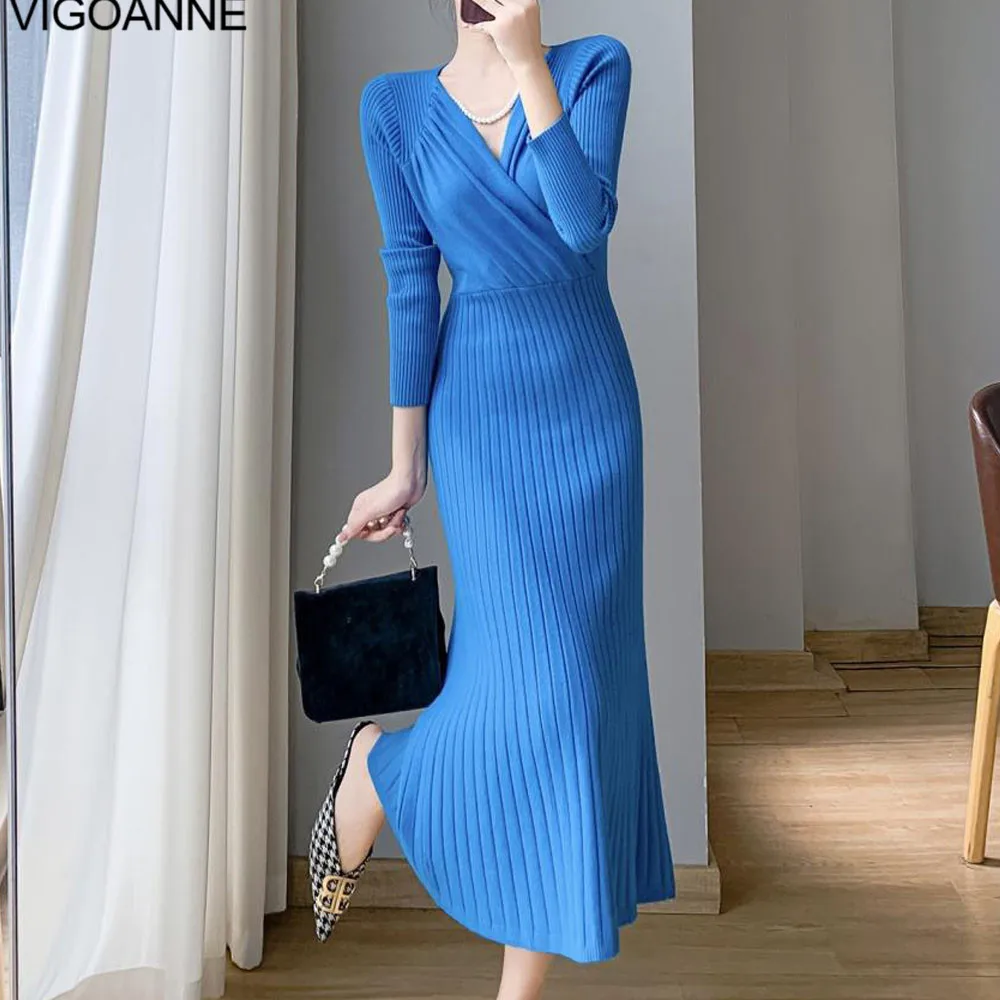 VigoAnne 2025 Spring Autumn Slim Fit Knit Dress Woman Long Sleeve Korean Evening Party Dresses Sexy Solid Tight Long  Dress