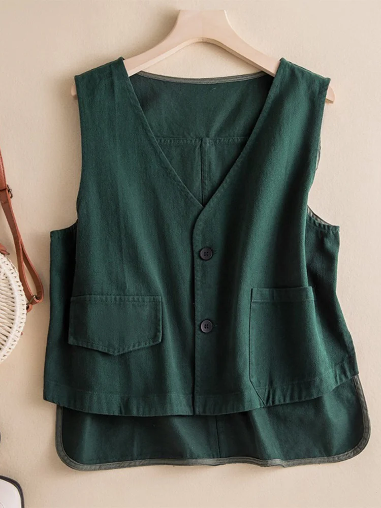 

Ретро японский Sle диагональный хлопковый топ, свободный повседневный жилет с v-образным вырезом, Jaet, осенний сезон, женский модный однотонный жилет для поездок на работу