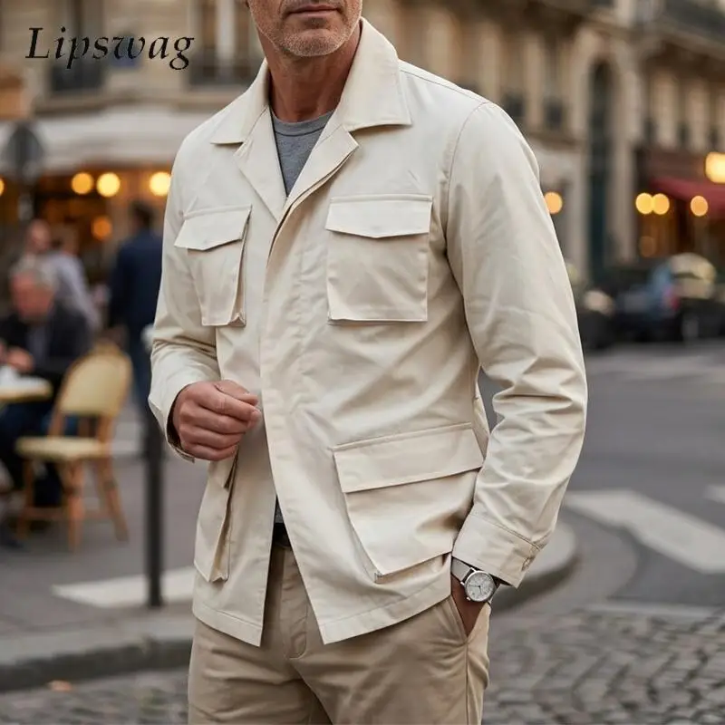 Fashionable Patchwork Coats Mens Fall Casual Solid Color Turn-down Collar Jackets Men Vintage Pocked Midi Long Sleeve Overcoats