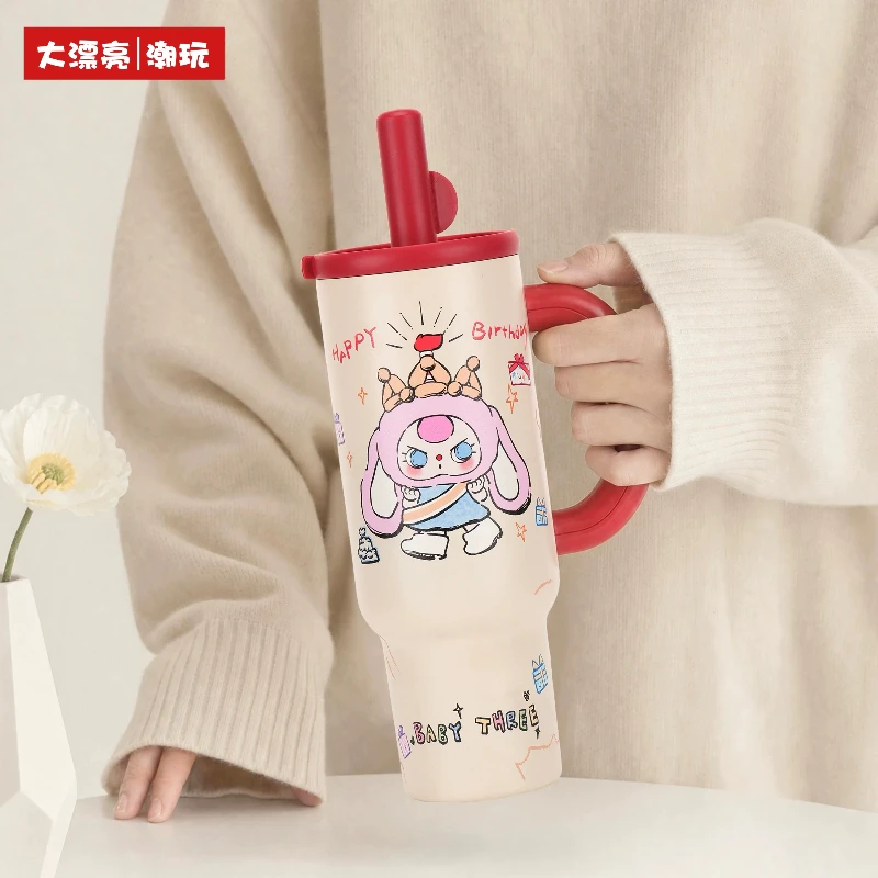 ベビー3ポータブル断熱水筒漫画柄クリアプラスチック製スチールタンブラー、ハンドルとストロー付き、大人の毎日の使用に最適な可愛いギフト