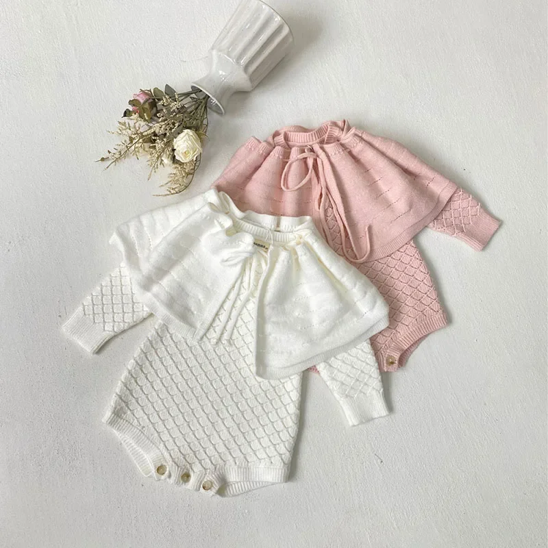 MILANCEL New Autumn Baby Knit Bodysuit Toddler Girls Cute Solid Color Pullover + Shawl Infant Outwear Clothes