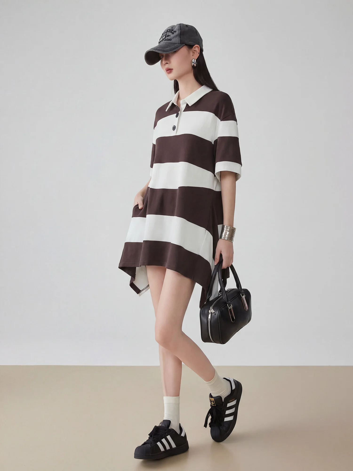 

Американское ретро-платье-футболка в полоску с коротким рукавом, женское, с асимметричным подолом, свободное, повседневное, средней длины