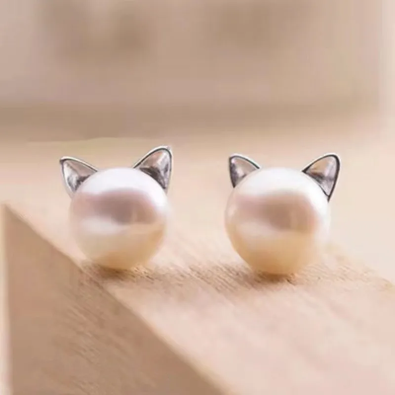Simple Little Cat Earrings Korean Version Cat Pearl Earrings Versatile Travel Accessories image 4