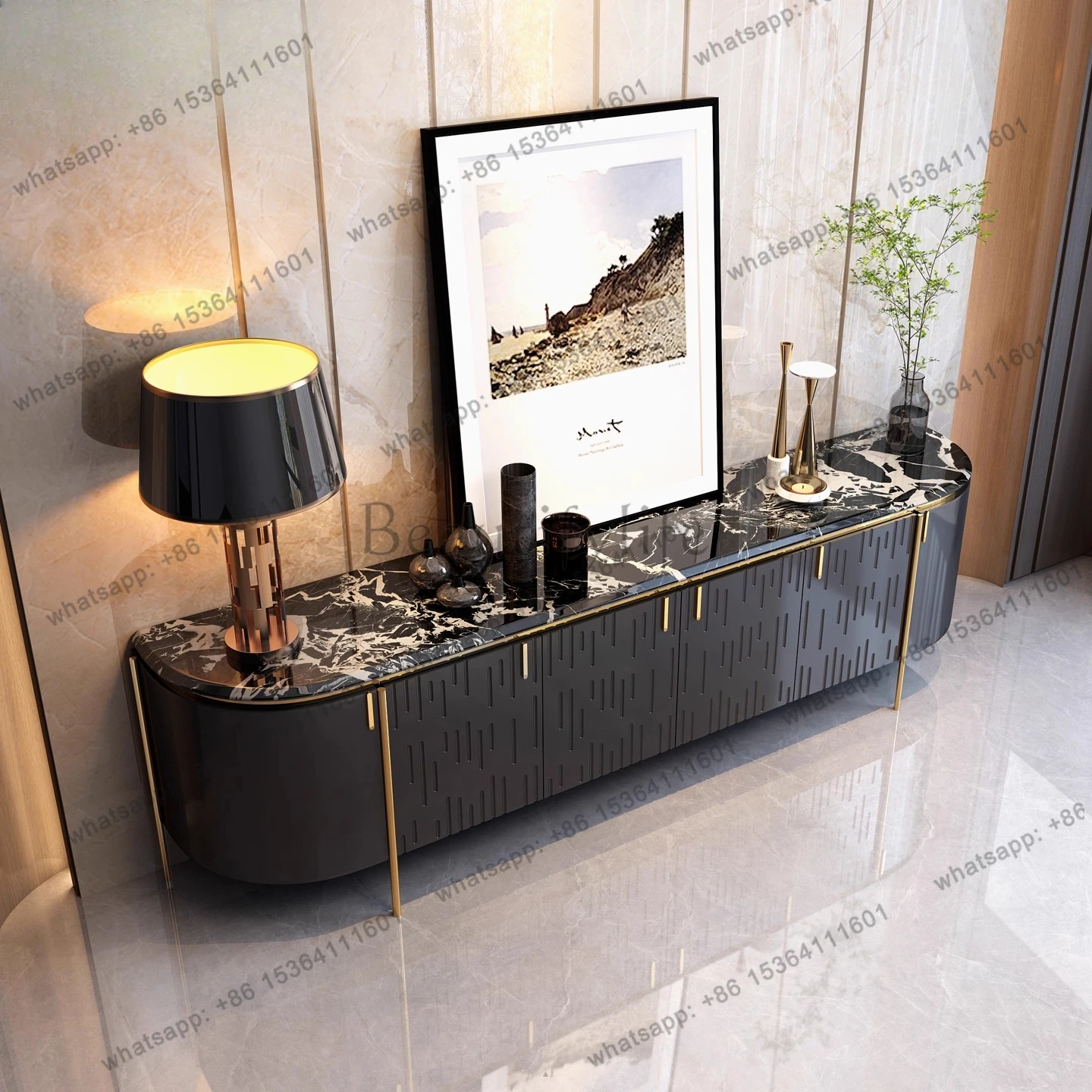 

Italian light luxury TV cabinet marble high-grade black new rock slab storage floor cabinet