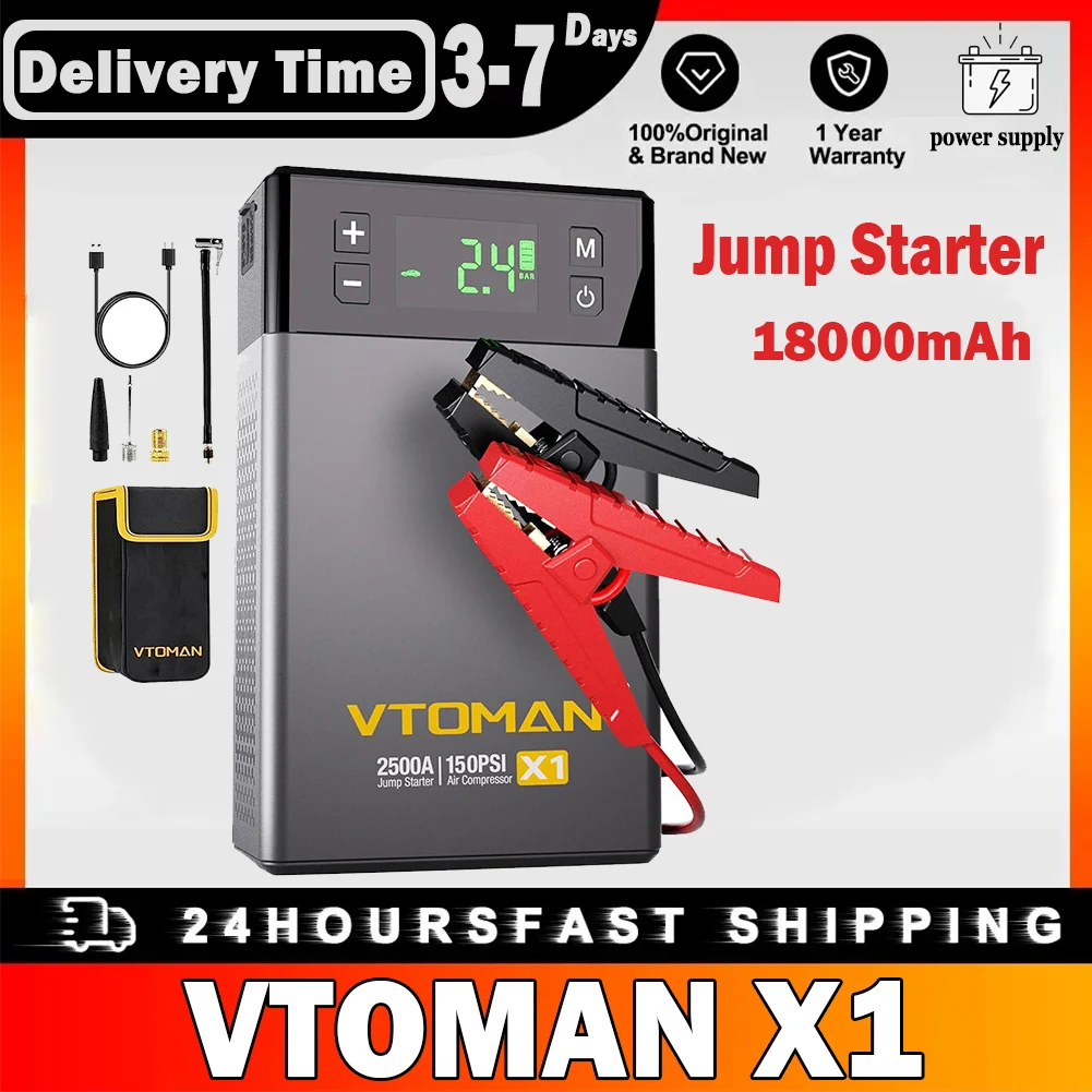 VTOMAN X1 Jump Starter with 100PSI Air Compressor, 2500A Peak Car Starter, 12V Lithium Battery Jump Box, 400 Lumen LED