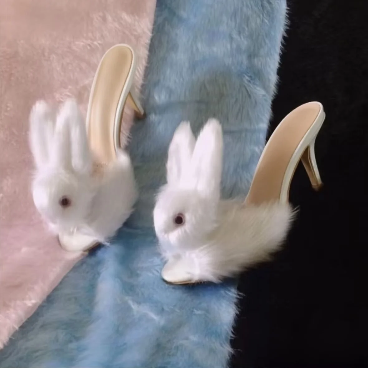 Ruyan Vuicr Rabbit Shaped Plush Leather Women's Sandals High Heel Slip-On Shoes Comfortable Breathable Fashionable