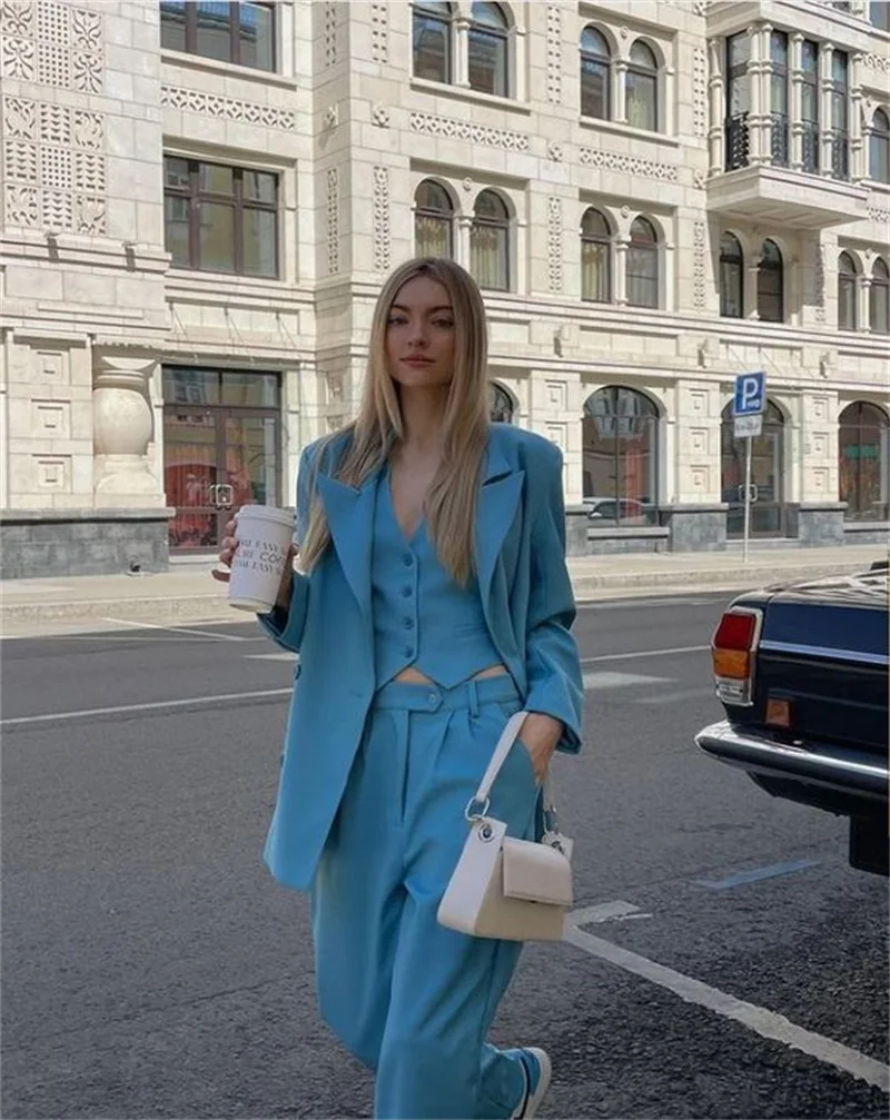 3 Pcs Blue Women Suit Pants Set Blazer+Vest+Trousers Tailored Casual Club Streetwear Hot Girl Prom Dress костюм женский