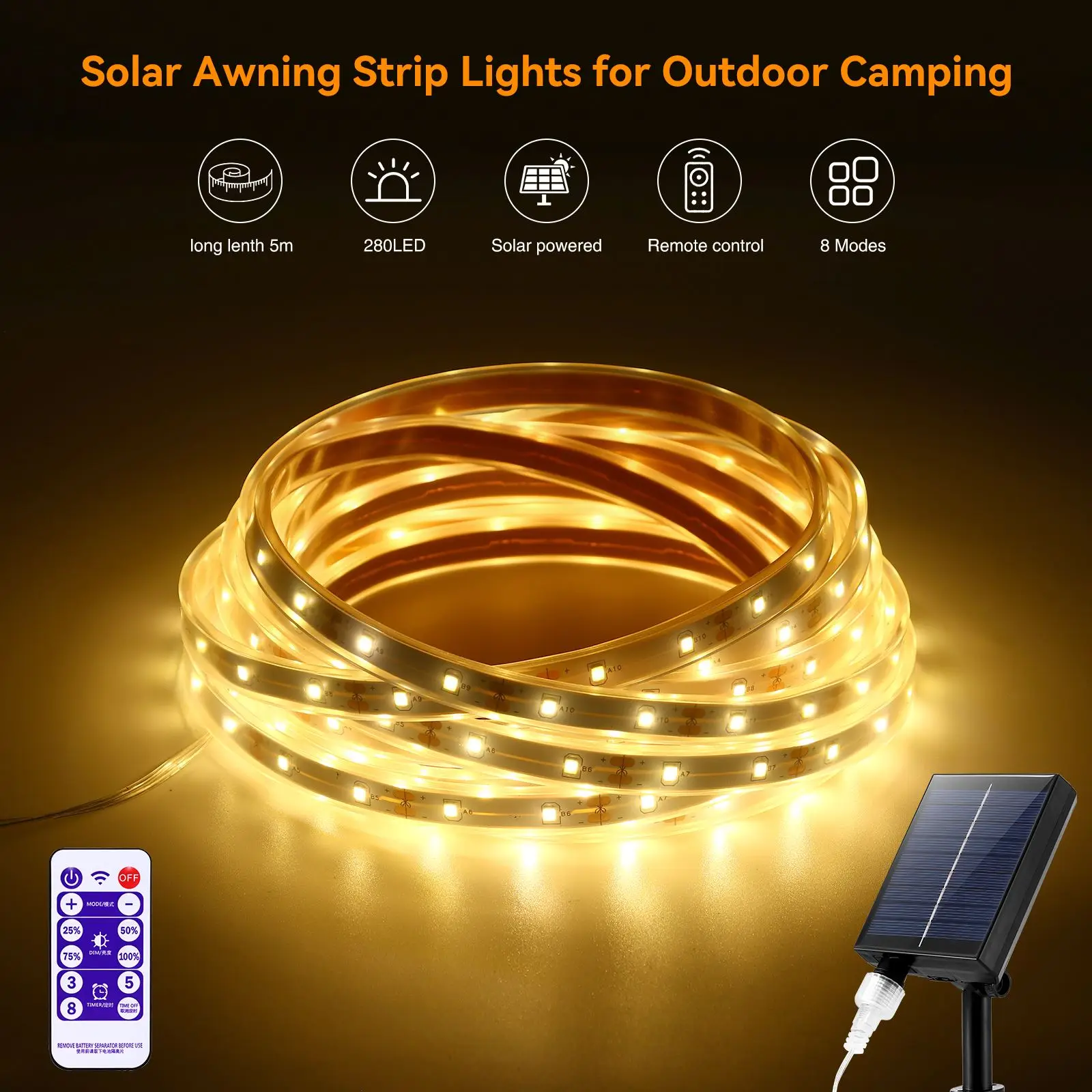 

Solar LED Strip Lights 280LED 5m Long Christmas Strip Lights Flexible Cuttable Strong Self-Adhesive Decor Lighting With Remote