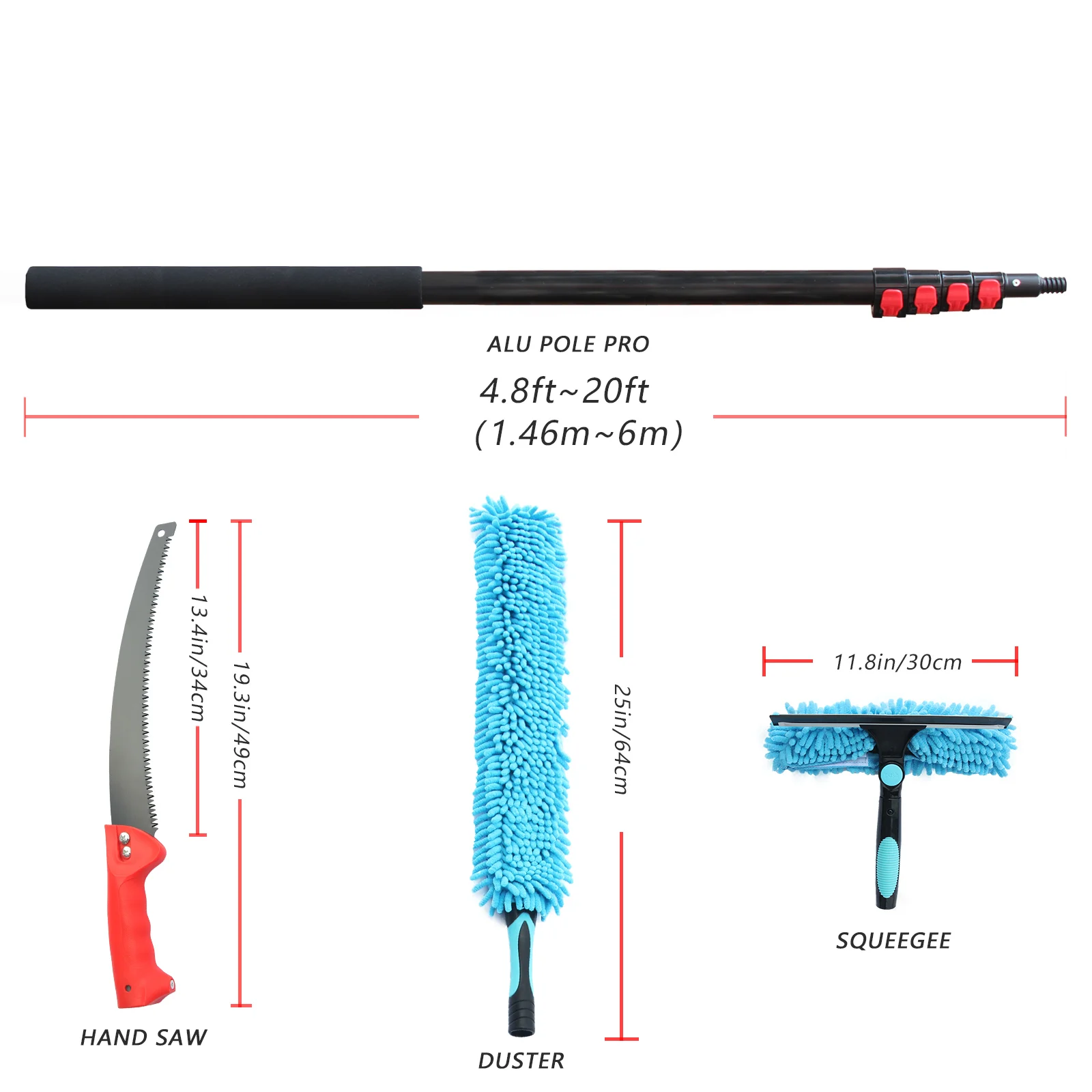 20ft House Living Kit Extension pole Trim Saw High Branch Cutting Pruning Squeegee Scrubber Duster High Reach Tool