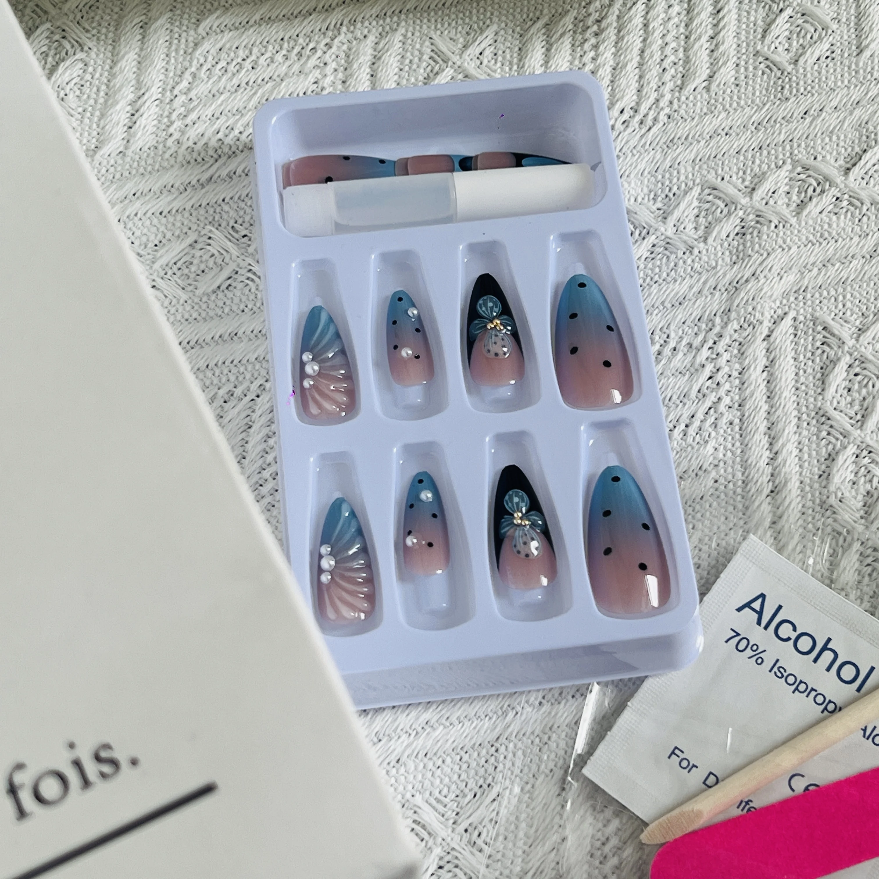 24 قطعة من أظافر الضغط على طراز المحيط الصيفي مع غلاف ثلاثي الأبعاد، تصميمات اللؤلؤ والزهور، طرف مدبب، أحجام متنوعة، قابلة للفصل #6