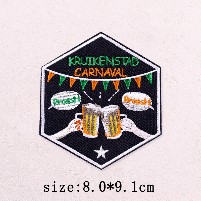 Kruikenstad Carnaval Embroidered Patches Iron On Patch Green Orange Striped Badges For Clothing Backpack Decoration Accessory