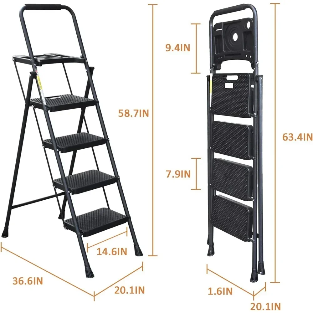 Step Stool for 4 Step, Fold Step Stool with Aluminum Wide Pedal & Convenient Handgrip, Pass 330lbs Load Testing, Folding Ladder