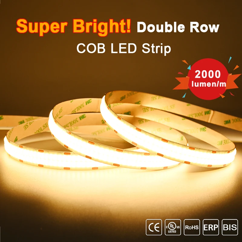 Dubbele rij flexibele COB LED-strip 2000lm/m Superhelder Hoge dichtheid 600 LEDs/m Dimbare led-verlichting RA90 3000K 4000K 6500K DC24V