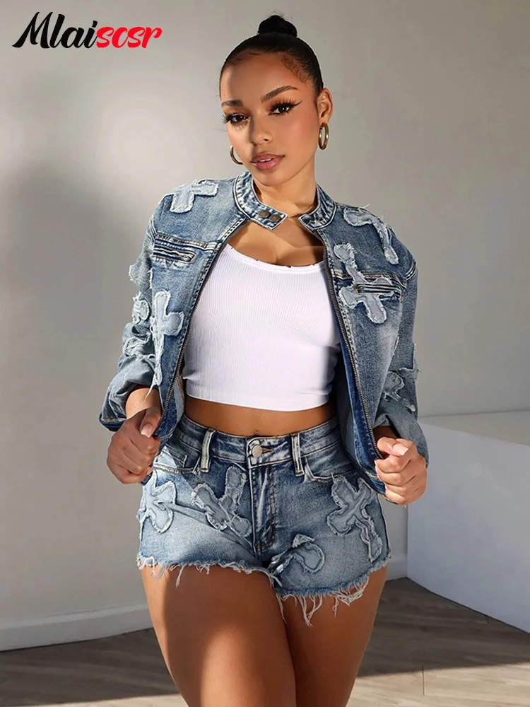 Mlaiscsr Black Denim Stretch Cross Embroidery Shorts and Long Sleeve Coat Two Piece Sets Women Birthday Jean 2pcs Suit Clubwear