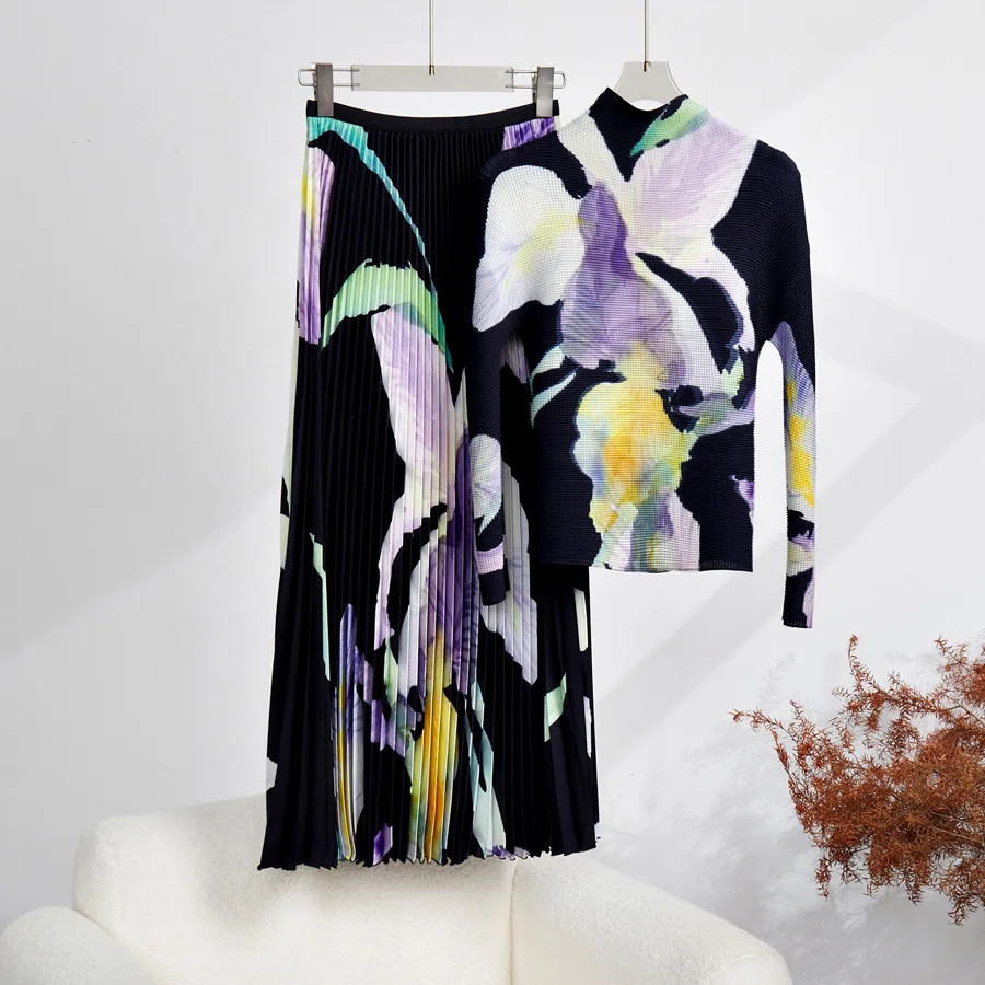 Miyake Plissee Blumen rock Anzug Damen Stretch Pullover Tops hohe Taille Blumen druck Rock Urlaub Landebahn zweiteilig Set