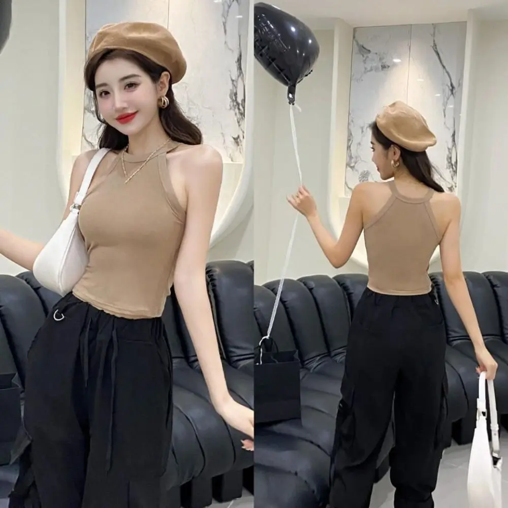 قميص قصير ناعم بدون أكمام ملابس شاطئ برقبة دائرية مع وسادات فتاة حارة نمط الحمالات سليم المحاصيل الأعلى النساء السفر