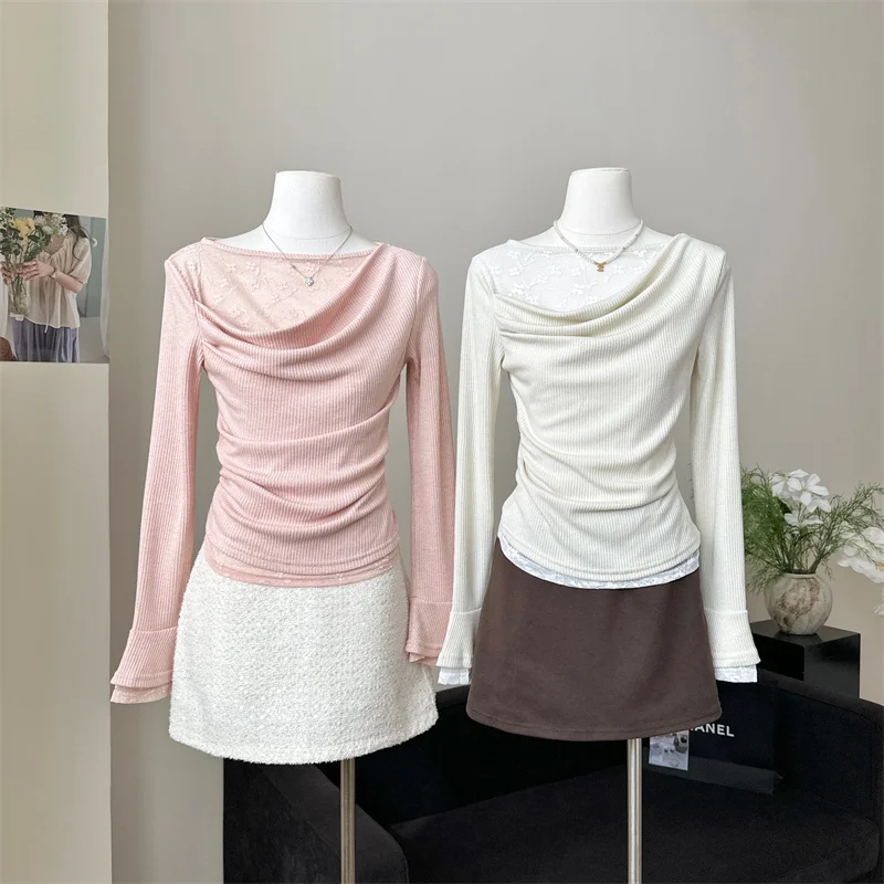 

Lace Splice Bell Sve Long Sve T-irt Women's Slim Fit Base irt High Waist Design Daily Sle Polyester Fiber