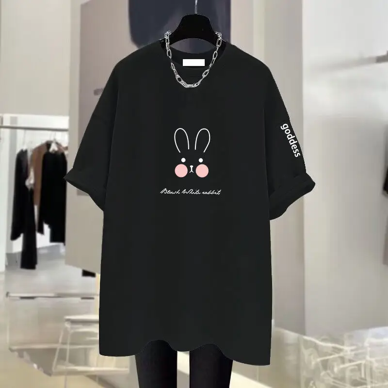 Women Clothing Cartoon Printing Cotton Basic T-shirts Summer Casual Loose O-neck Short Sleeve Tees Kawaii Rabbit Expression Top