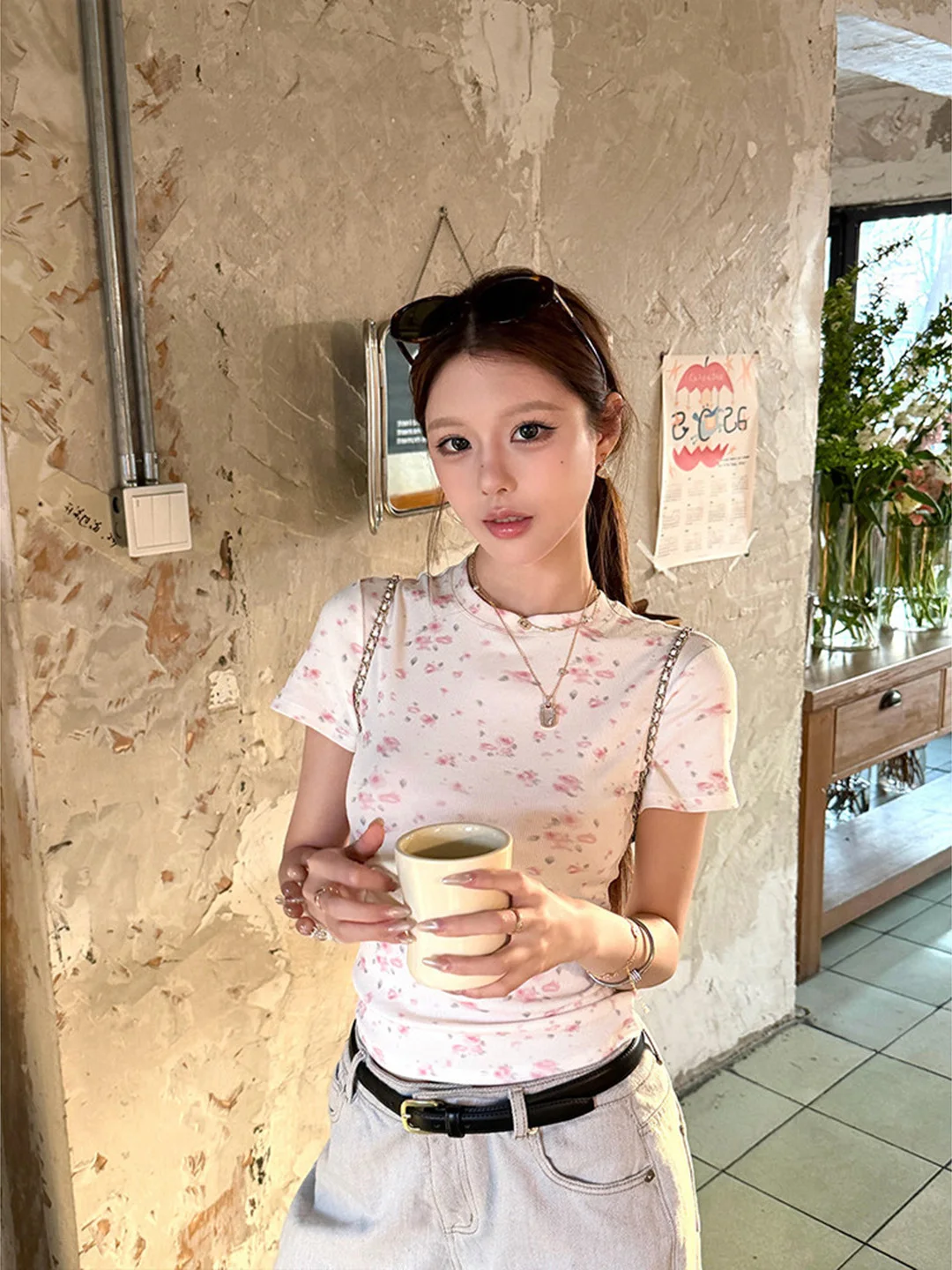 Miu T Women's Slim Fit Floral Print Top Korean Style Commute Fashion Breathable Sweat Absorbent Summer New Arrival