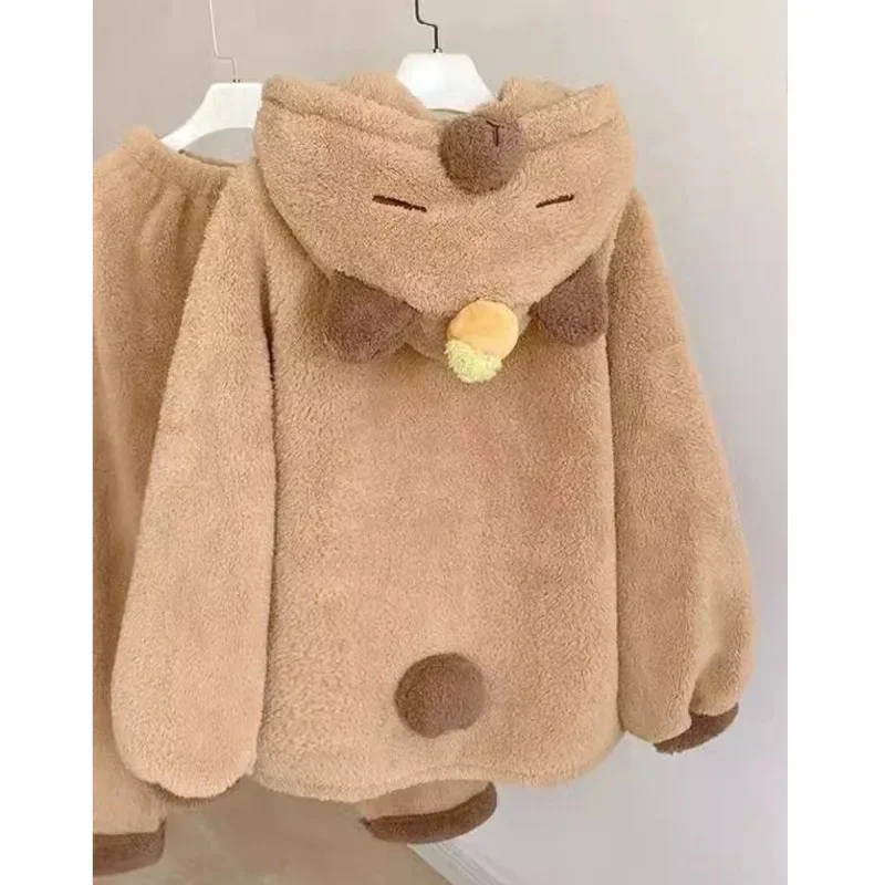 Capybara-Ensemble de pyjama à capuche pour femme, sweat à capuche avec bouton optique mignon, lieu de broderie, haut chaud pour la maison, sourire, nouveau, automne, hiver