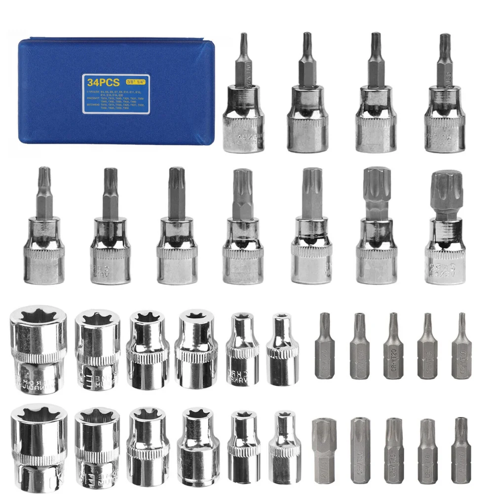 34Pcs Torx Star Sockets Bit Set 3/8" Ratchet Wrench With 5/16" Hex Socket Screw Combination Handheld Tool for Home Dropship