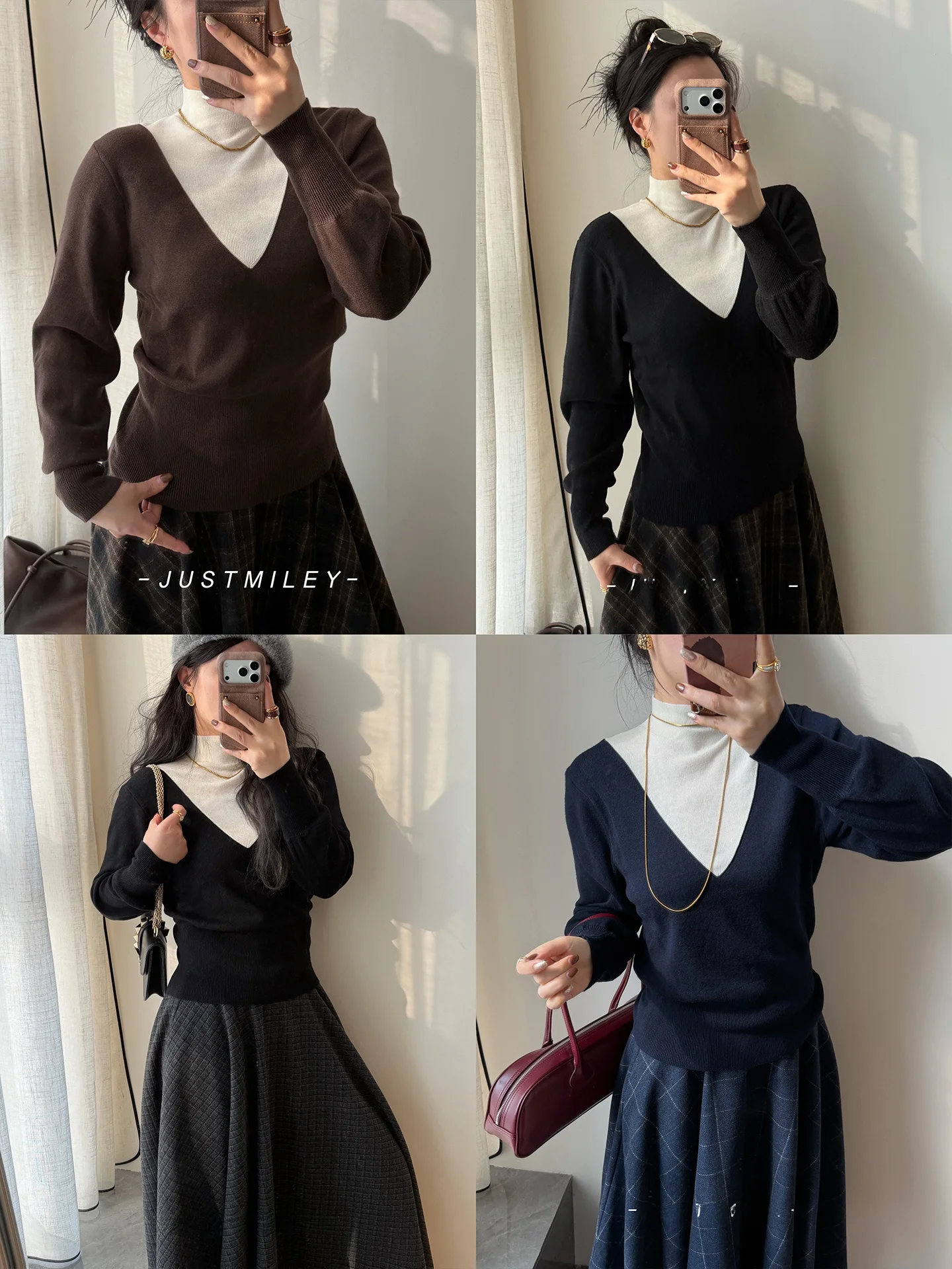 

Jusiley Women's Slim Fit Wool Knitwear V-Ne Color Blo Fake Two-Piece Sle Long Sve French Sle Winter Faion