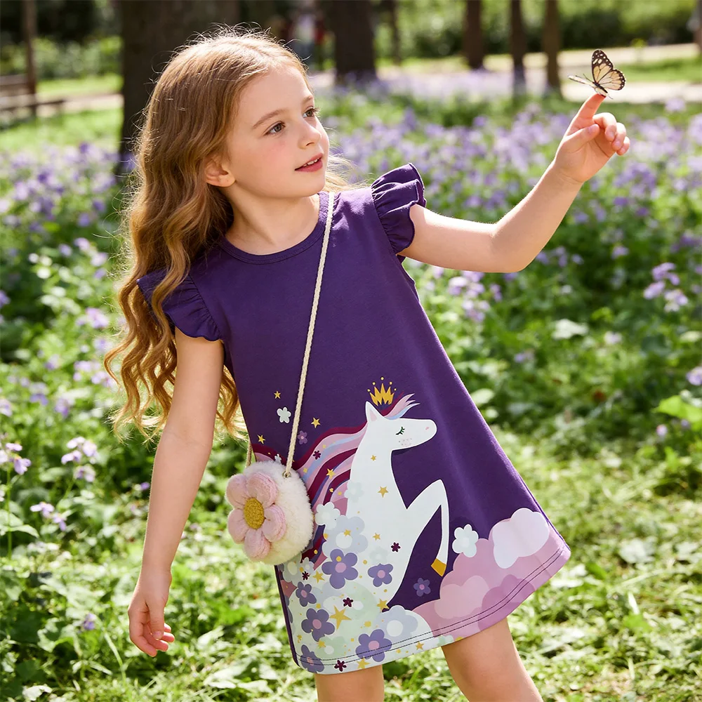 VIKITA Girls Purple Unicorn Floral Print Sleeveless Straight Summer Dress Kids Cotton Casual Daily Soft School Vestidos Outfit