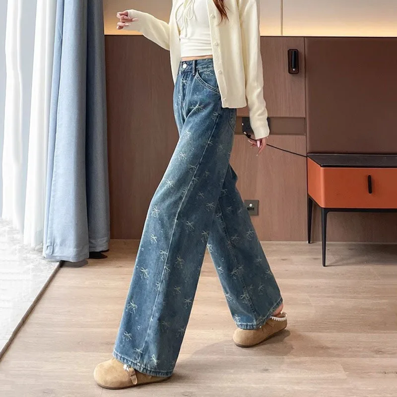 ANJY Autumn Winter New Women Fashion Bowknots Print Elegant Straight Jeans Chic Ins Slimming Loose Fit Draped Denim Pants A16671