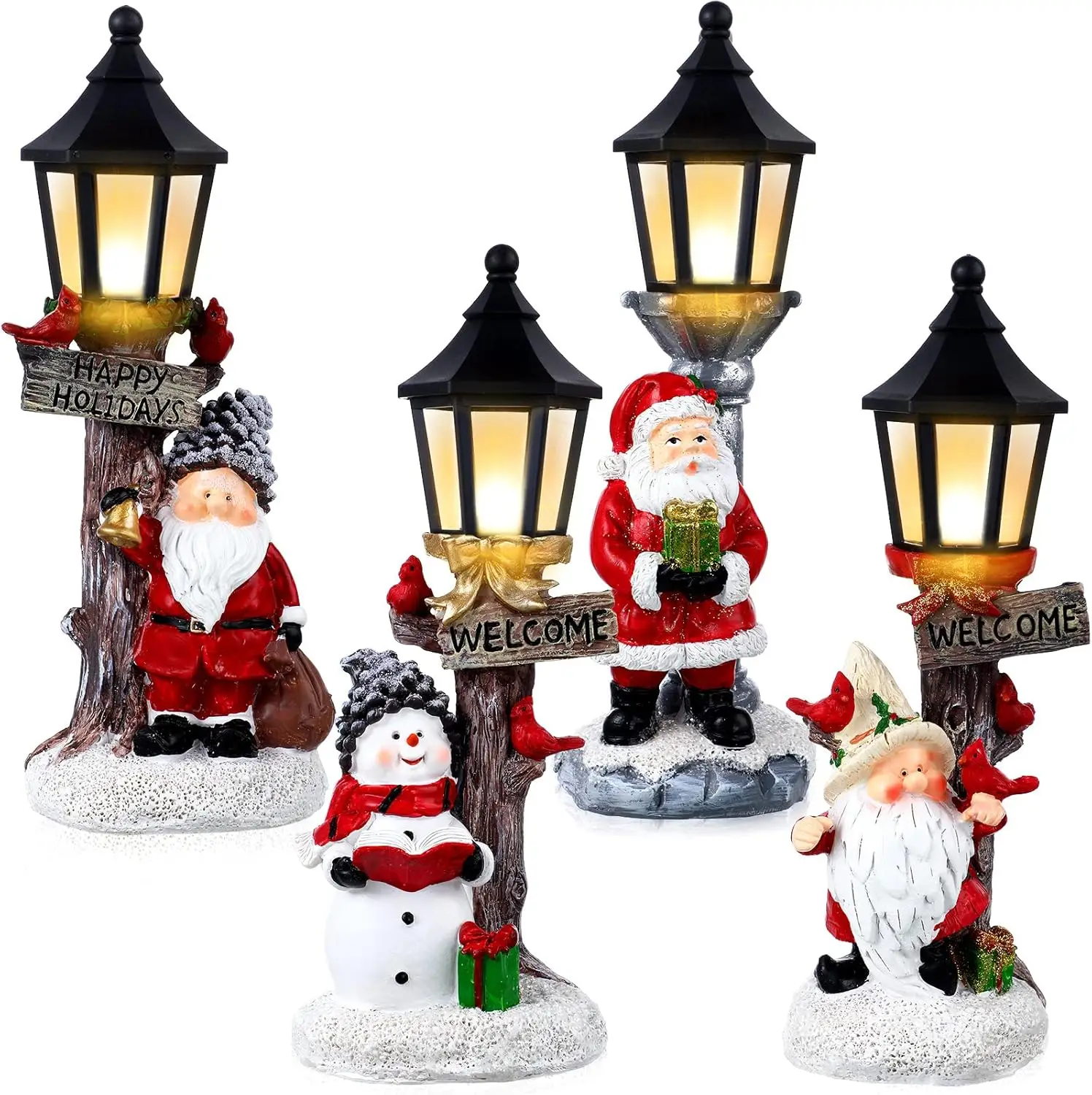 4 Pcs LED Lighted Christmas Village Centerpieces with Santa Snowman, Battery Operated for Home Table Decor