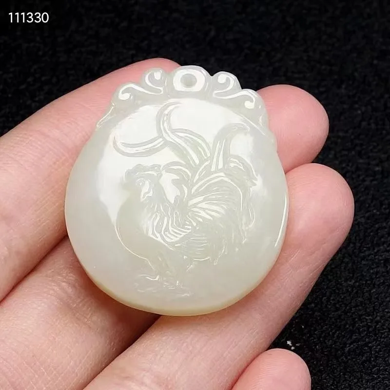 Natural 100%real white hetian jade carve Zodiac chicken Bless peace pendant jewellery Handle piece for men woman gifts good luck