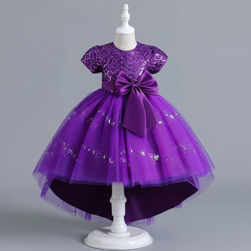 New Purple Girls\' 3-12 anni girocollo Trail Party Dress paillettes Bubble Sleeves Princess Dress adatto per bambini