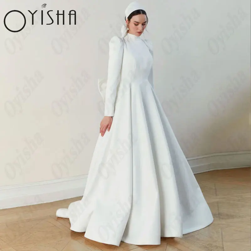 OYISHA A-Line Satin Muslim Wedding Dresses White High Neck Full Sleeve Simple Bridal Gowns For Woman Elegant Vestido De Mariages