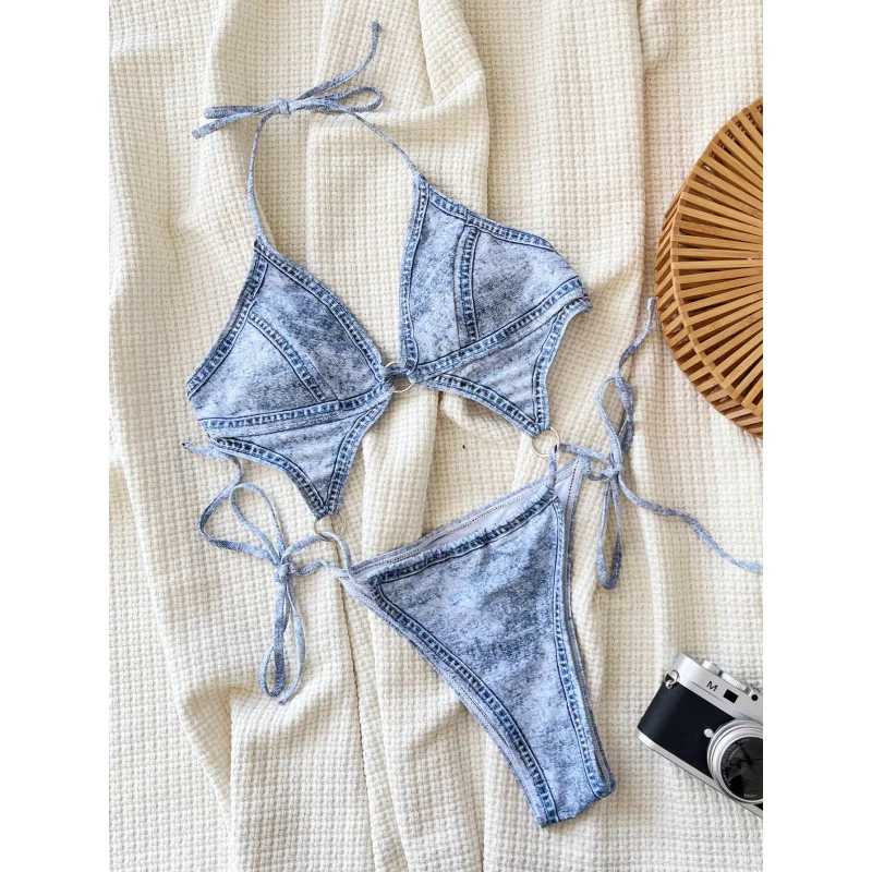 One-Piece Swimsuit Denim Print BikiniD968R