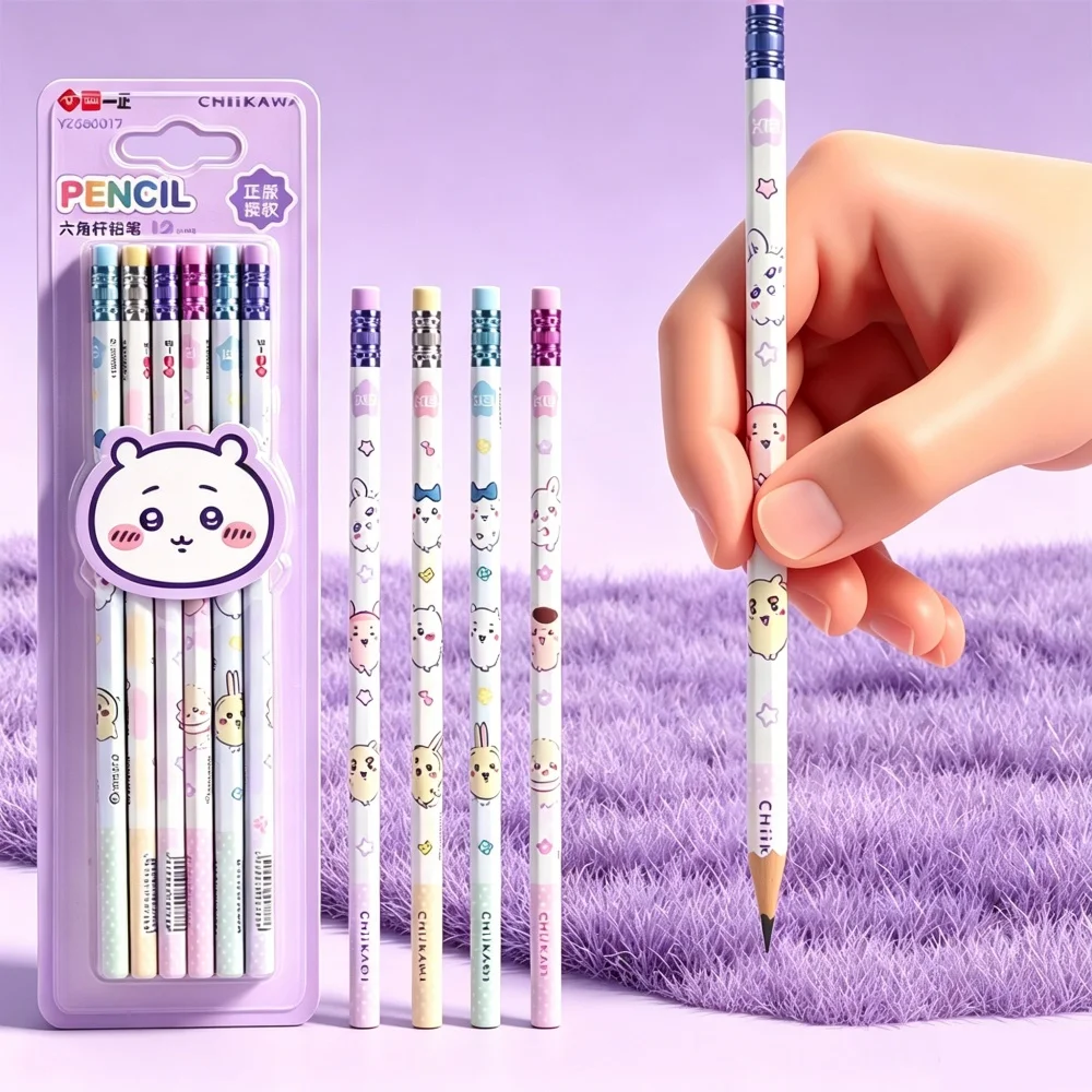 Genuine Chiikawa HB Pencil Set Hexagonal Non-Slip Wooden Pencils With Eraser Caps Back For Students Writing Practice Stationery