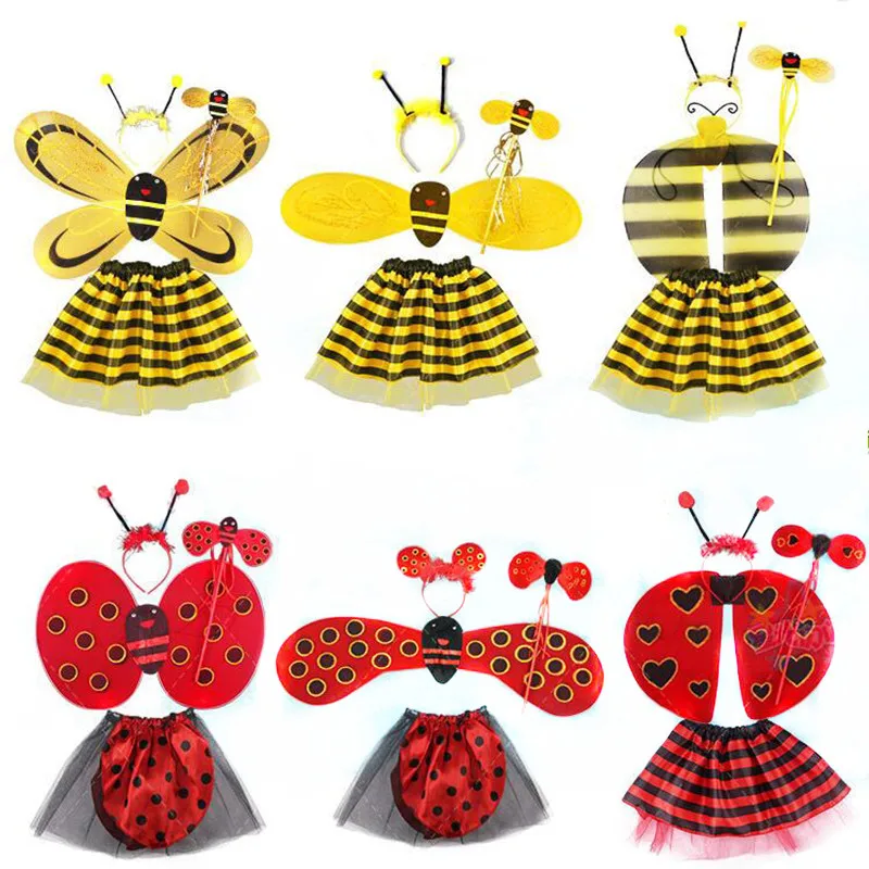 Bee Wings Antenna Headband Fairy Wand Skirt Costume Set Performance Props Girls Princess Gifts Party Dress Decoration Purim